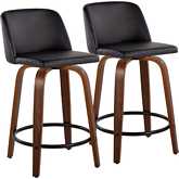 Toriano 24" Swivel Counter Stool in Walnut Wood & Black Leatherette with Black Footrest (Set of 2)